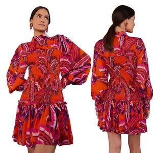 FARM RIO Chevron Forest Smocked Mini Dress Ruffled Floral Print Orange Size XL